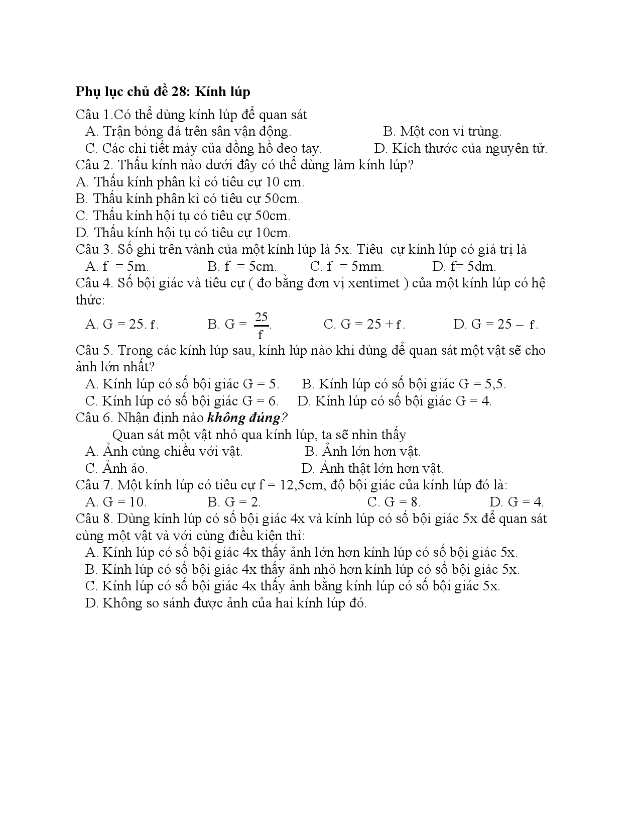 KHỐI 9 - VẬT LÝ - Phụ lục chủ đề 28- Kính lúp