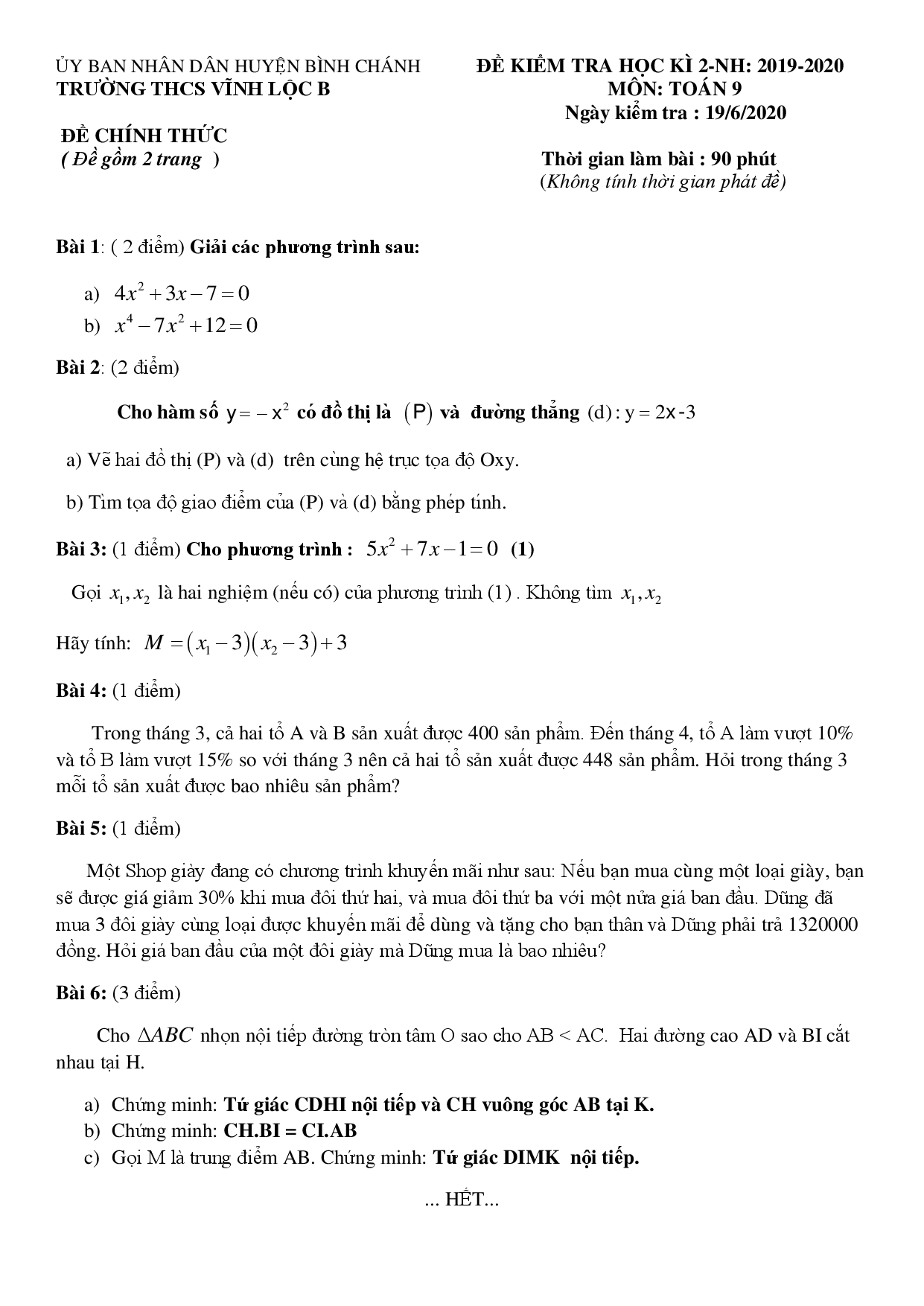 K9 - TOÁN - Đề thi HK2 Toán 9 VĨNH LỘC B-BÌNH CHÁNH TP Hồ Chí Minh năm 2020 - 2021