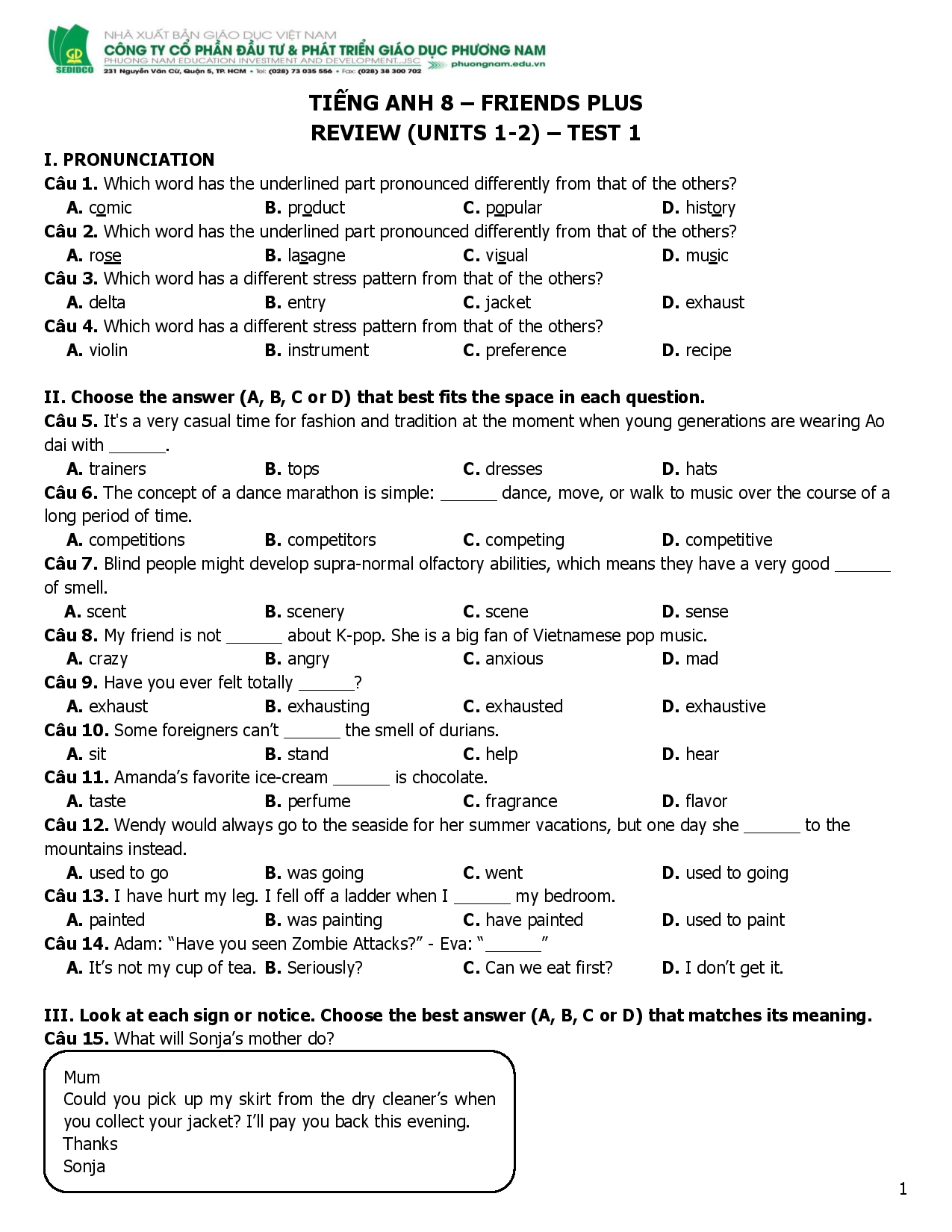 K8- Tieng Anh 8 Friends Plus - Review 1&2 - Test 1