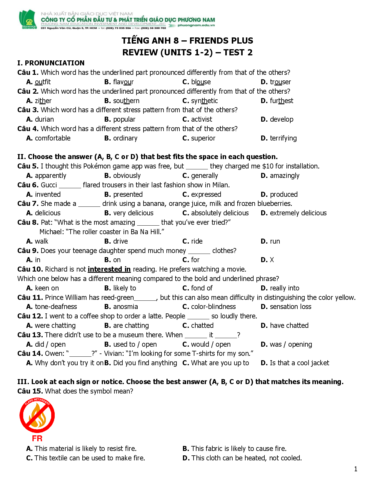 K8- Tieng Anh 8 Friends Plus - Review 1&2 - Test 2