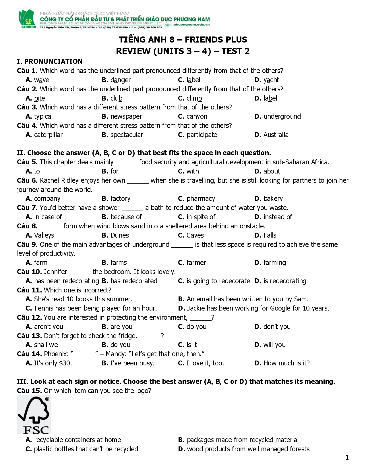 K8- Tieng Anh 8 Friends Plus - Review 3&4 - Test 2